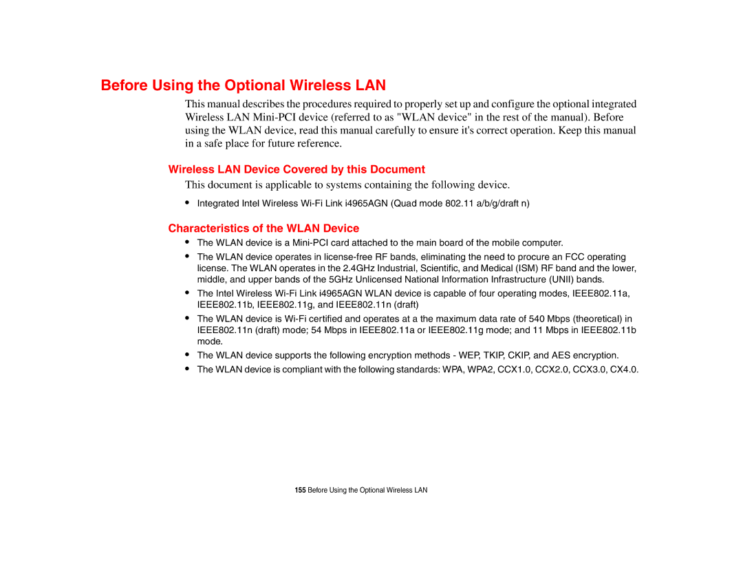 Fujitsu P8010 manual Before Using the Optional Wireless LAN, Wireless LAN Device Covered by this Document 