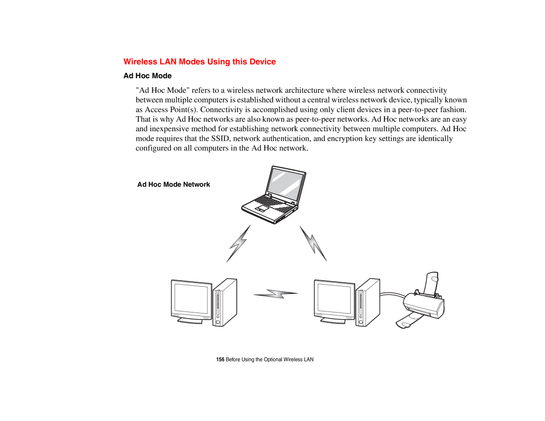 Fujitsu P8010 manual Wireless LAN Modes Using this Device, Ad Hoc Mode Network 