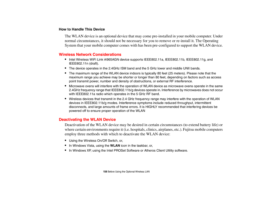 Fujitsu P8010 manual Wireless Network Considerations, Deactivating the Wlan Device, How to Handle This Device 