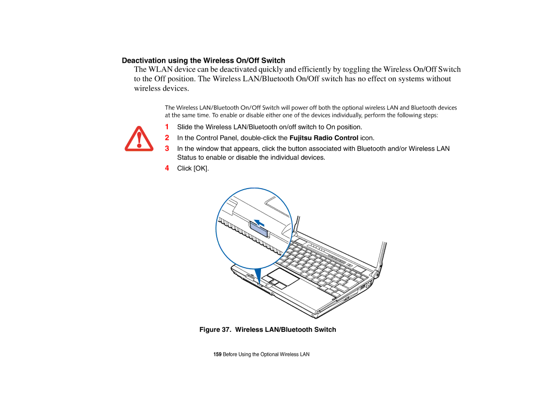 Fujitsu P8010 manual Deactivation using the Wireless On/Off Switch, Wireless LAN/Bluetooth Switch 