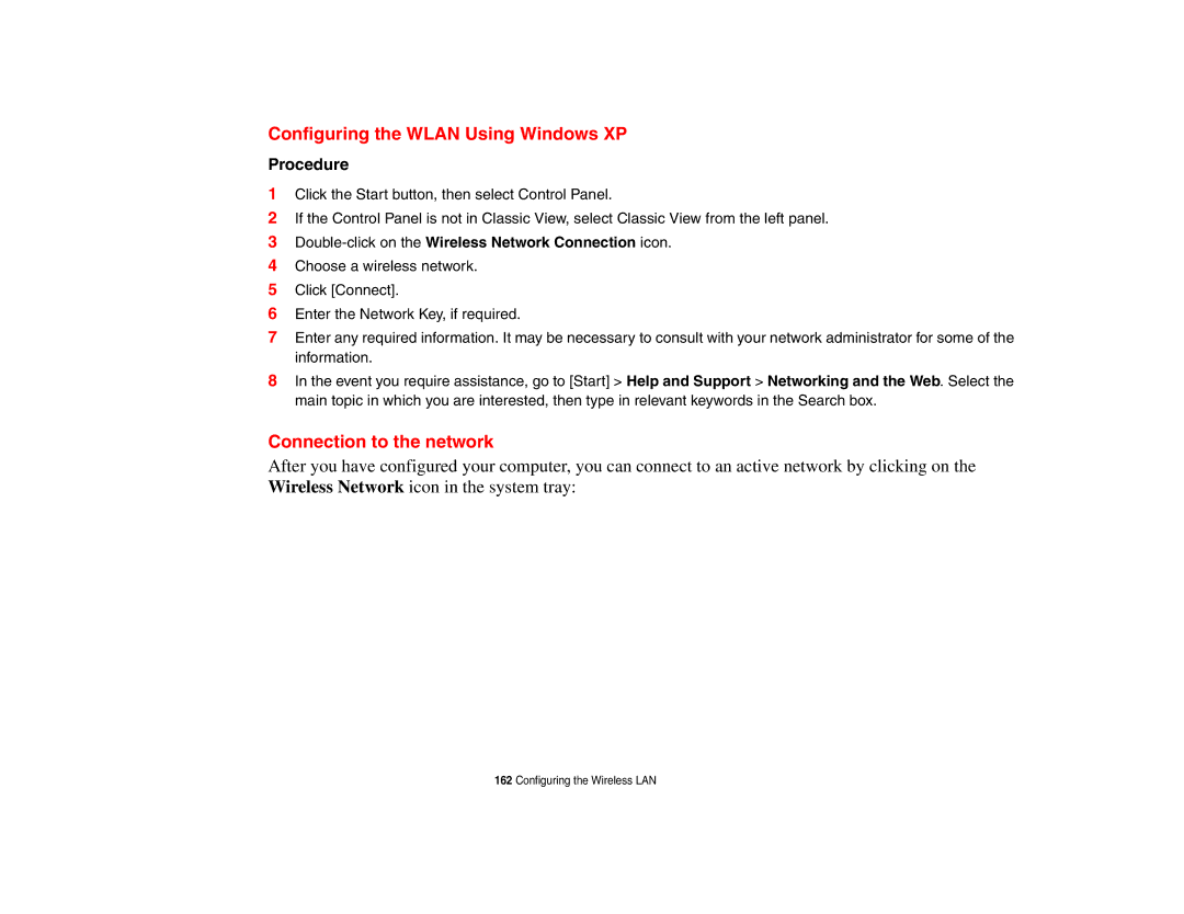 Fujitsu P8010 manual Configuring the Wlan Using Windows XP, Connection to the network, Procedure 