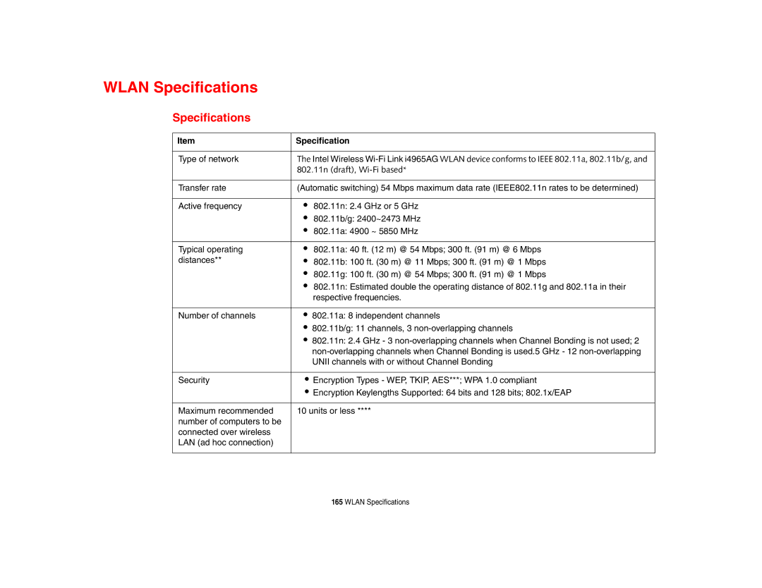 Fujitsu P8010 manual Wlan Specifications 