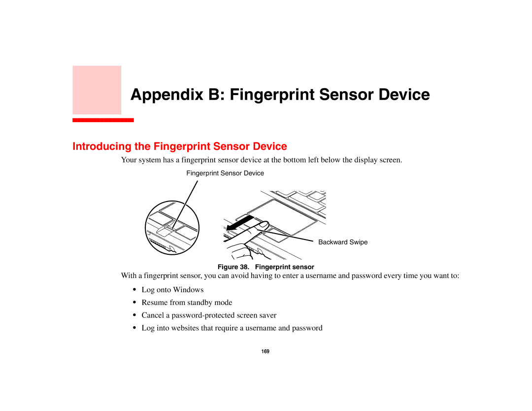 Fujitsu P8010 manual Appendix B Fingerprint Sensor Device, Introducing the Fingerprint Sensor Device 