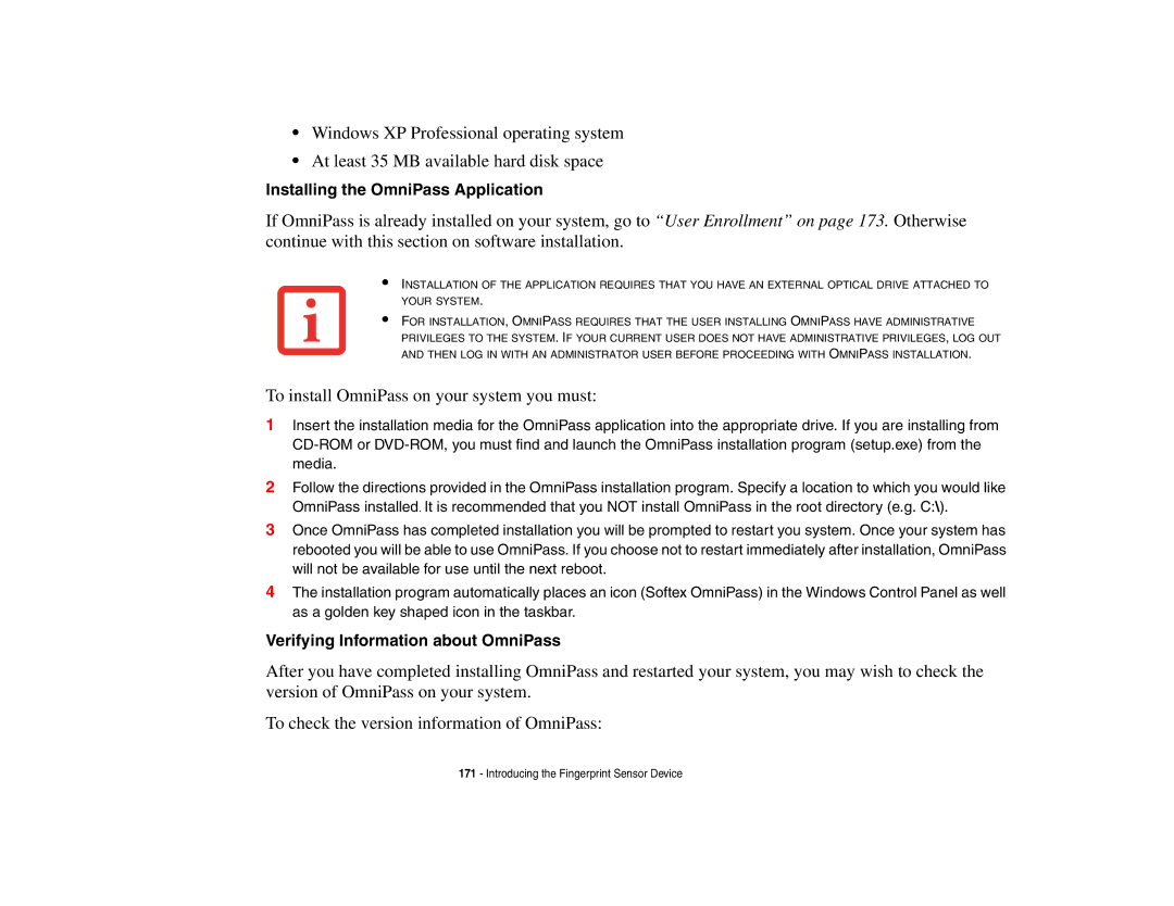 Fujitsu P8010 manual Installing the OmniPass Application, Verifying Information about OmniPass 