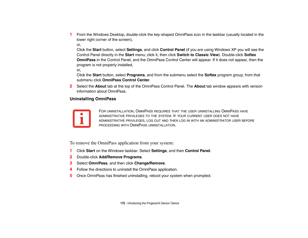 Fujitsu P8010 manual Uninstalling OmniPass, Double-clickAdd/Remove Programs 