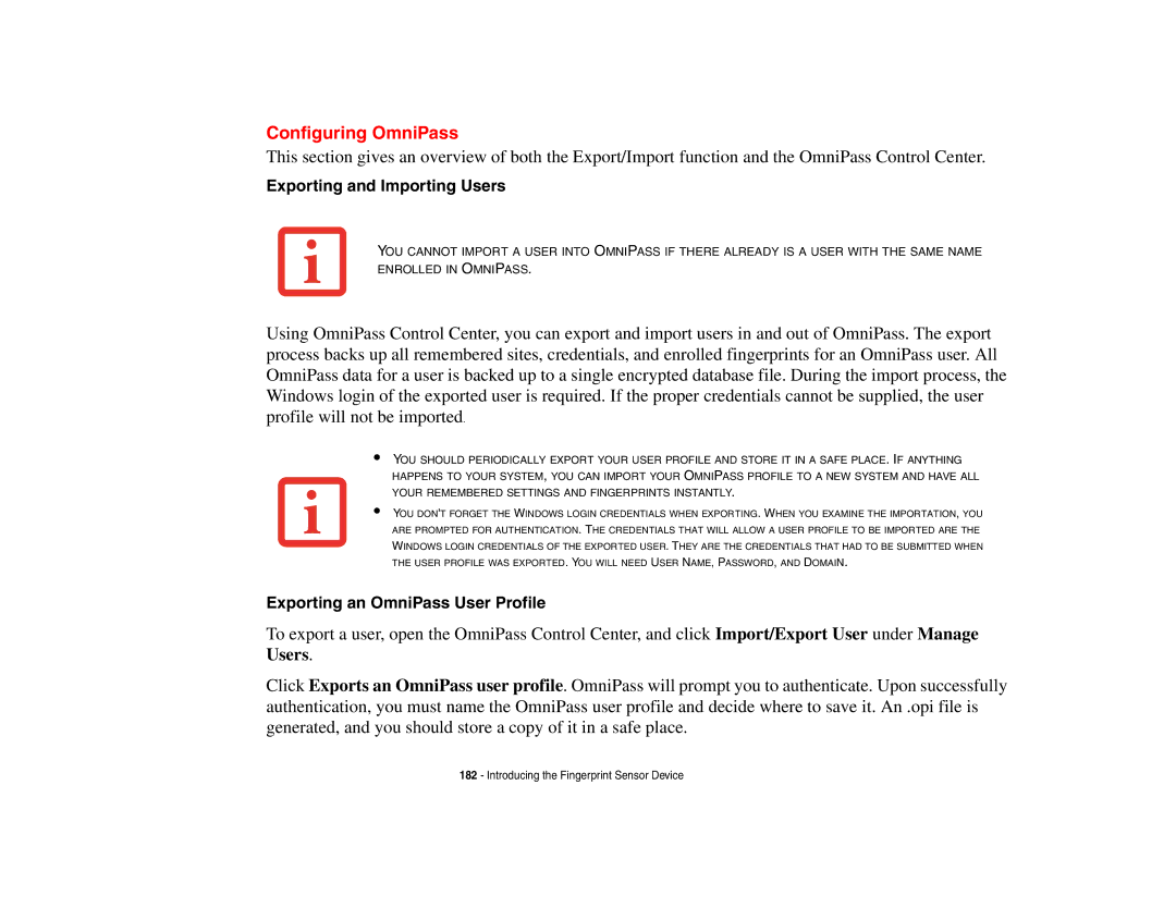 Fujitsu P8010 manual Configuring OmniPass, Exporting and Importing Users, Exporting an OmniPass User Profile 