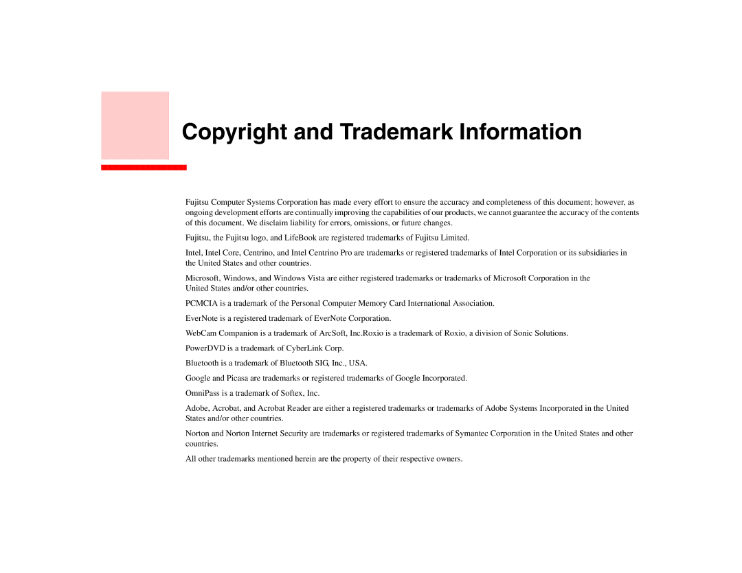 Fujitsu P8010 manual Copyright and Trademark Information 