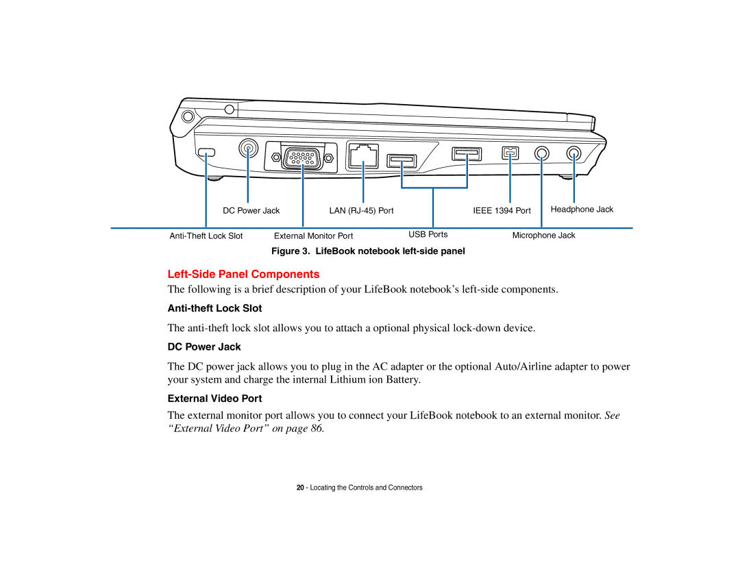 Fujitsu P8010 manual Left-Side Panel Components, Anti-theft Lock Slot, DC Power Jack, External Video Port 