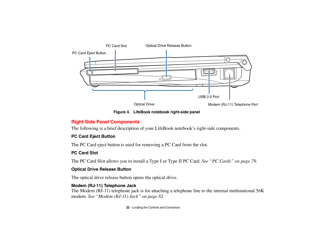 Fujitsu P8010 manual Right-Side Panel Components, PC Card Eject Button, PC Card Slot, Optical Drive Release Button 