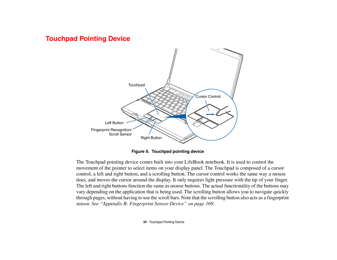 Fujitsu P8010 manual Touchpad Pointing Device, Touchpad pointing device 