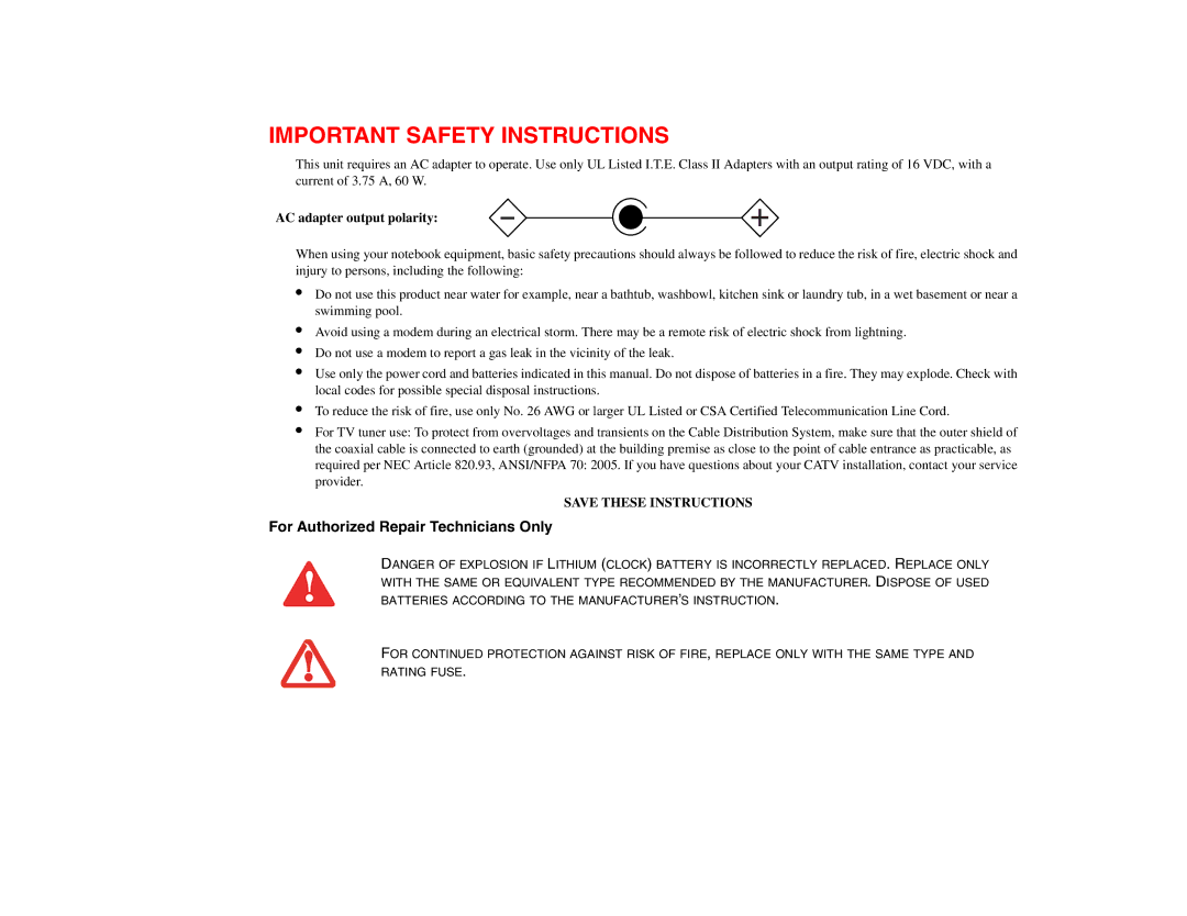 Fujitsu P8010 manual Important Safety Instructions, For Authorized Repair Technicians Only 