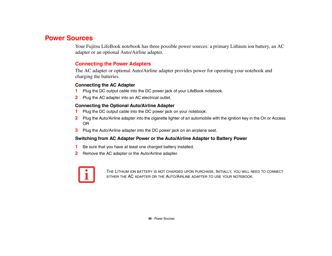 Fujitsu P8010 manual Power Sources, Connecting the Power Adapters, Connecting the AC Adapter 