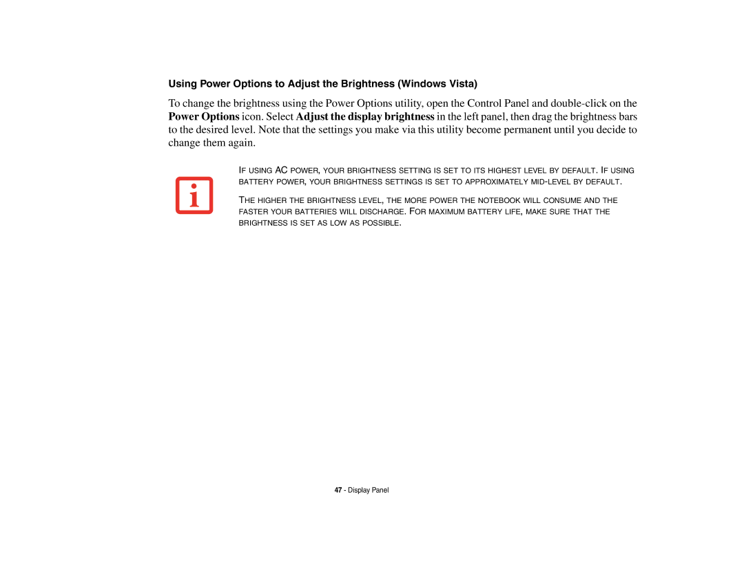Fujitsu P8010 manual Using Power Options to Adjust the Brightness Windows Vista 