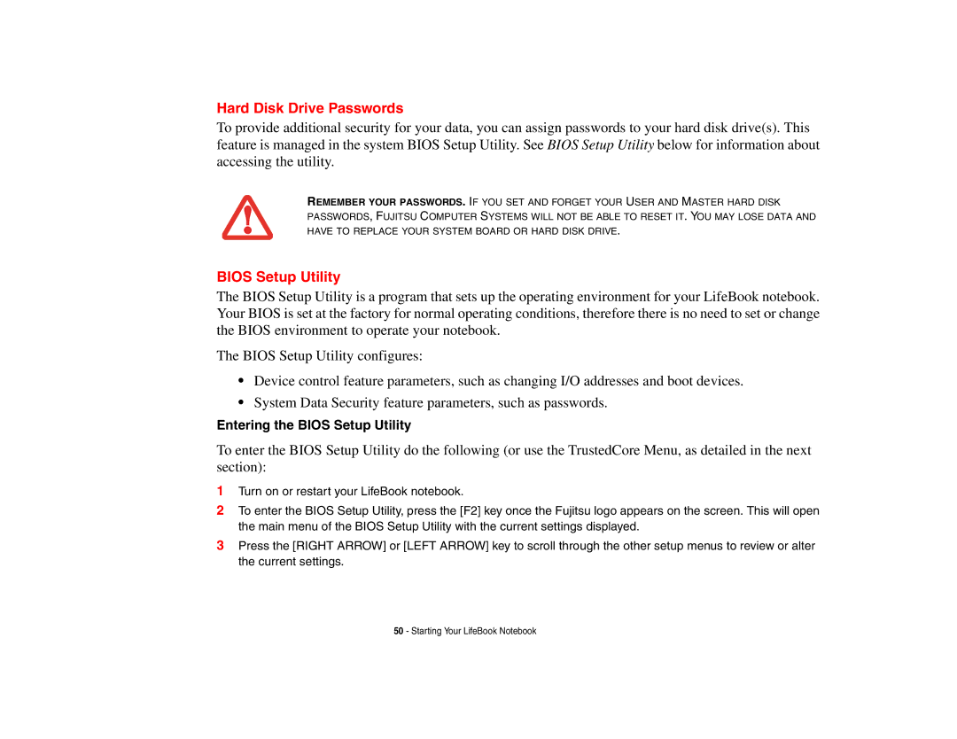 Fujitsu P8010 manual Hard Disk Drive Passwords, Entering the Bios Setup Utility 