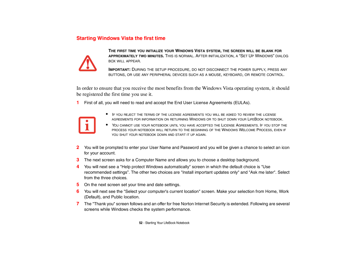 Fujitsu P8010 manual Starting Windows Vista the first time 