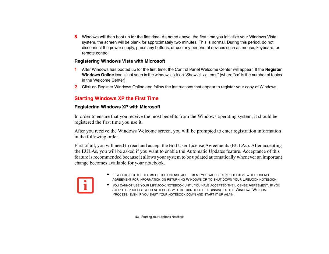 Fujitsu P8010 manual Starting Windows XP the First Time, Registering Windows Vista with Microsoft 