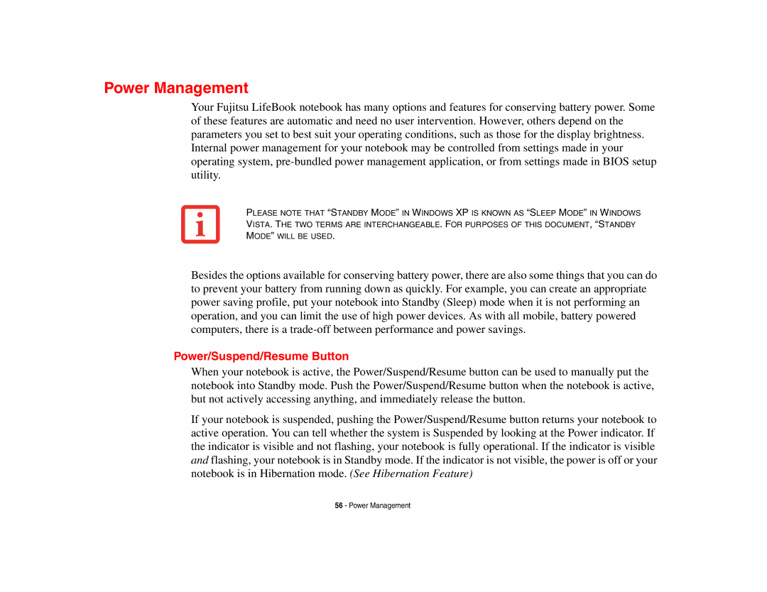 Fujitsu P8010 manual Power Management, Power/Suspend/Resume Button 