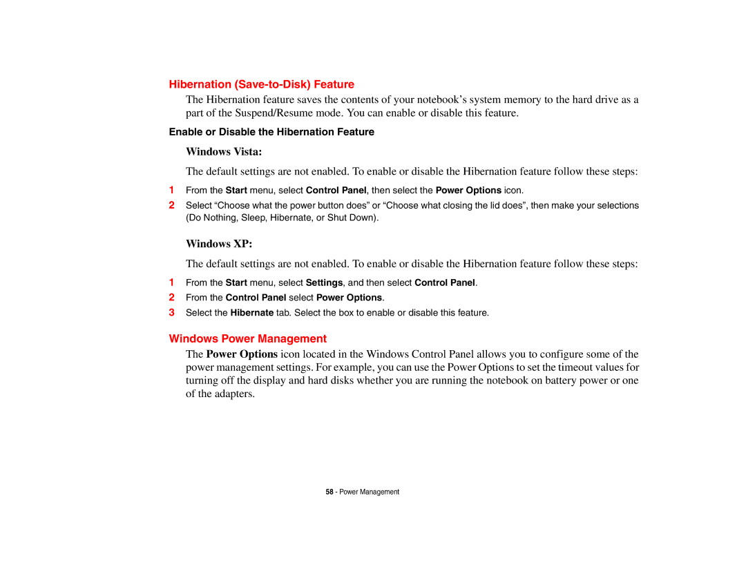 Fujitsu P8010 manual Hibernation Save-to-Disk Feature, Windows Power Management, Enable or Disable the Hibernation Feature 