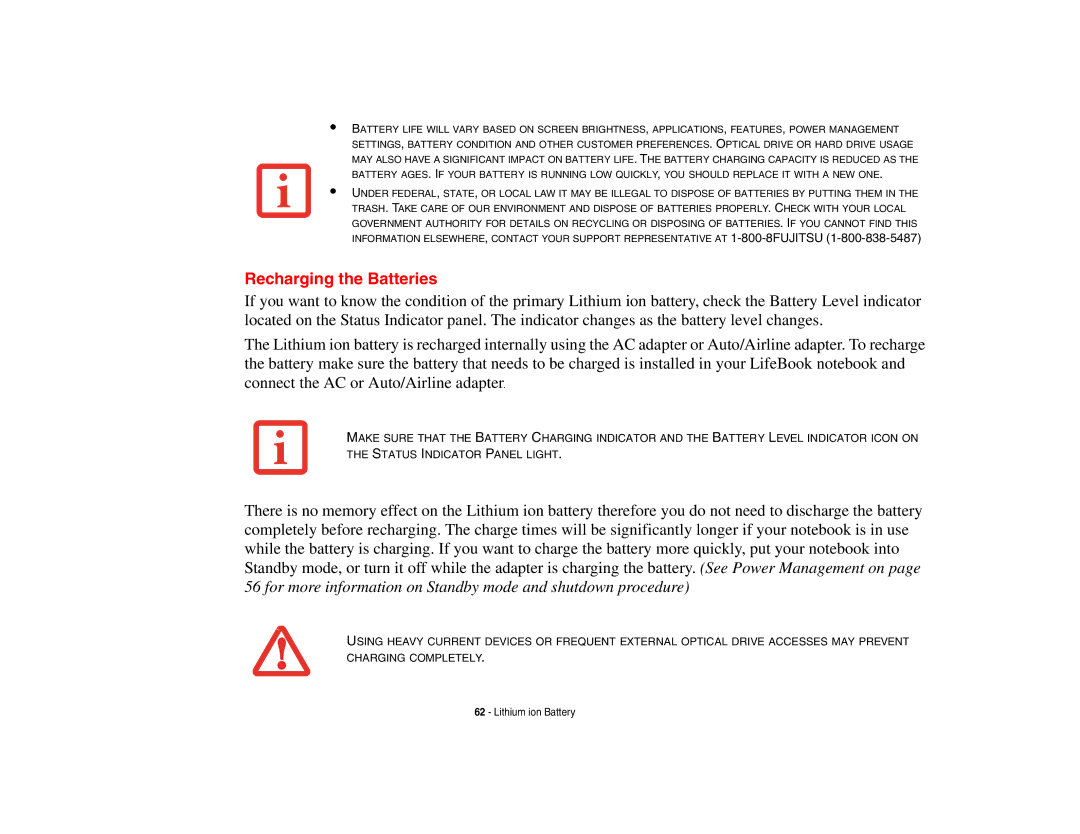 Fujitsu P8010 manual Recharging the Batteries 