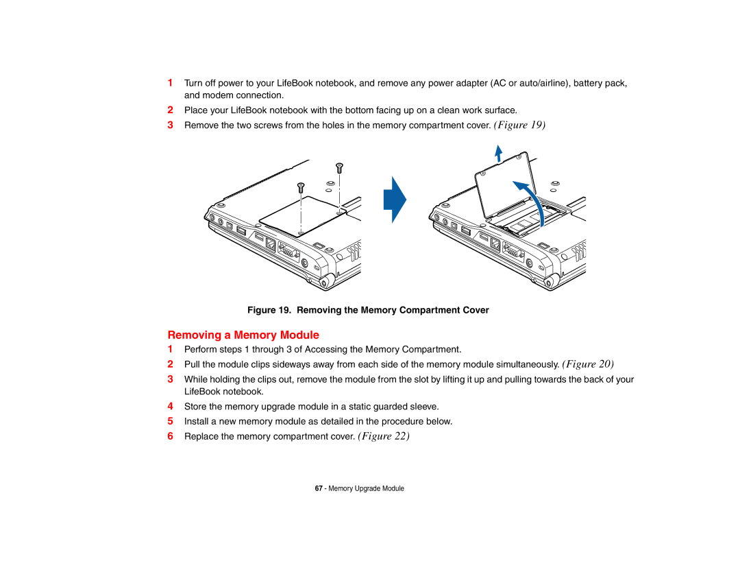 Fujitsu P8010 manual Removing a Memory Module, Removing the Memory Compartment Cover 