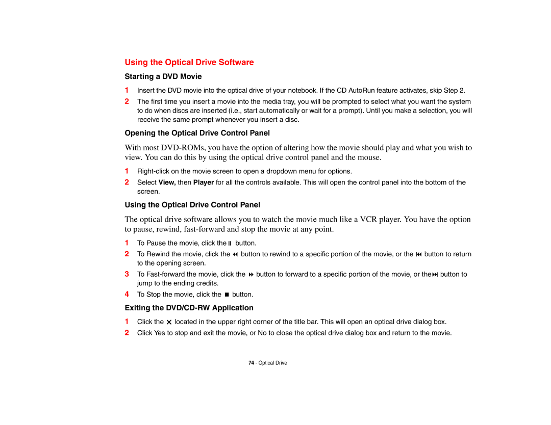 Fujitsu P8010 manual Using the Optical Drive Software, Starting a DVD Movie, Opening the Optical Drive Control Panel 