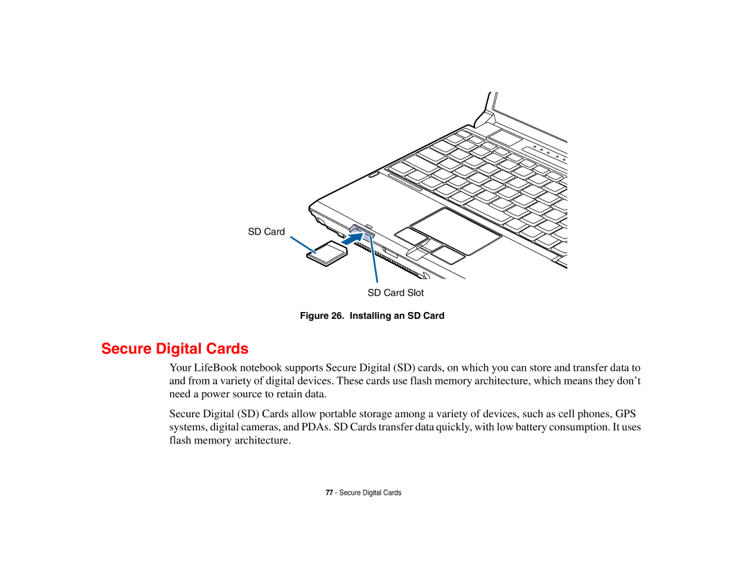 Fujitsu P8010 manual Secure Digital Cards, Installing an SD Card 