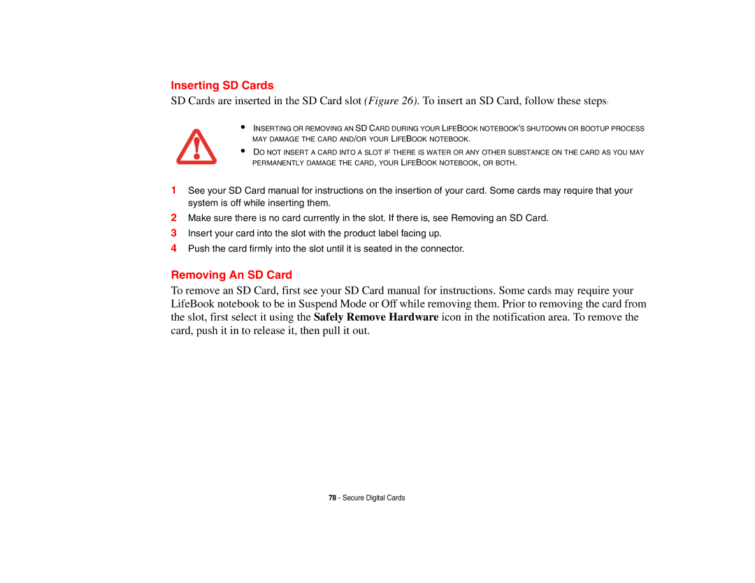 Fujitsu P8010 manual Inserting SD Cards, Removing An SD Card 