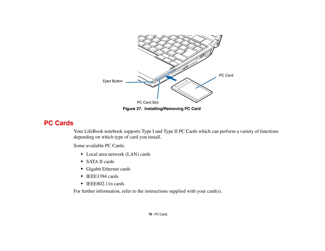 Fujitsu P8010 manual PC Cards, Installing/Removing PC Card 