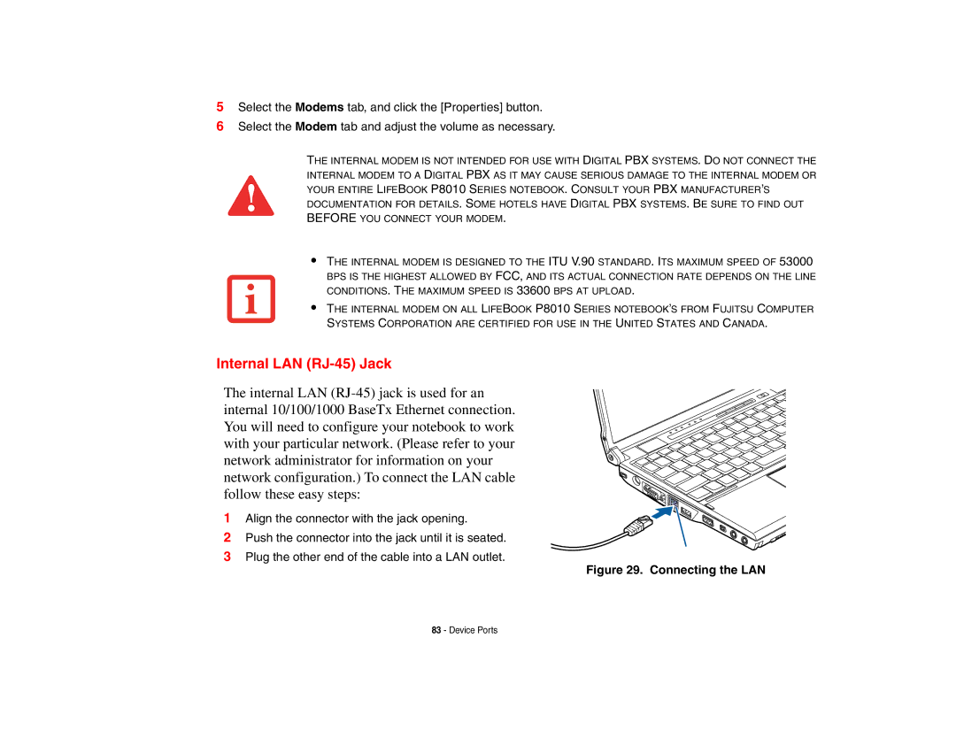 Fujitsu P8010 manual Internal LAN RJ-45 Jack, Connecting the LAN 