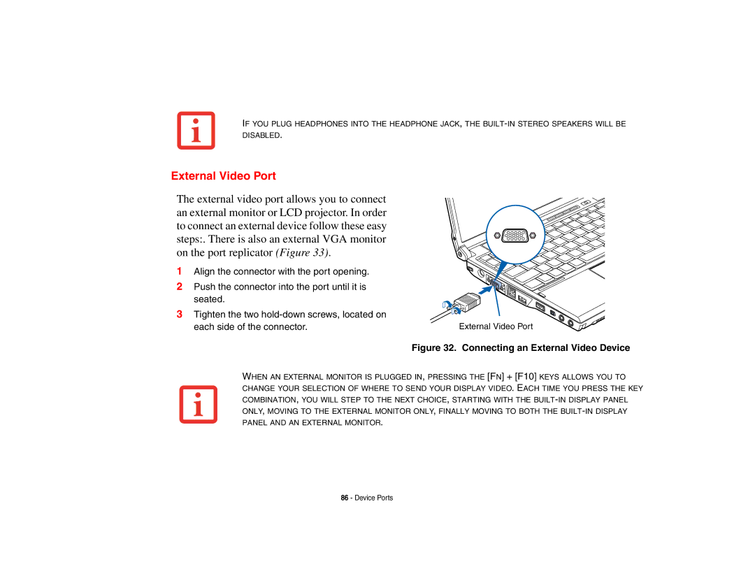 Fujitsu P8010 manual External Video Port, Connecting an External Video Device 