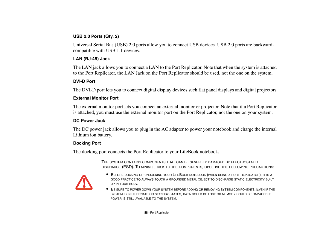 Fujitsu P8010 manual USB 2.0 Ports Qty, LAN RJ-45 Jack, DVI-D Port, External Monitor Port, Docking Port 
