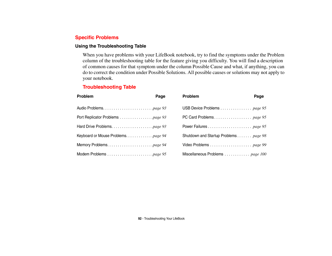 Fujitsu P8010 manual Specific Problems, Using the Troubleshooting Table 