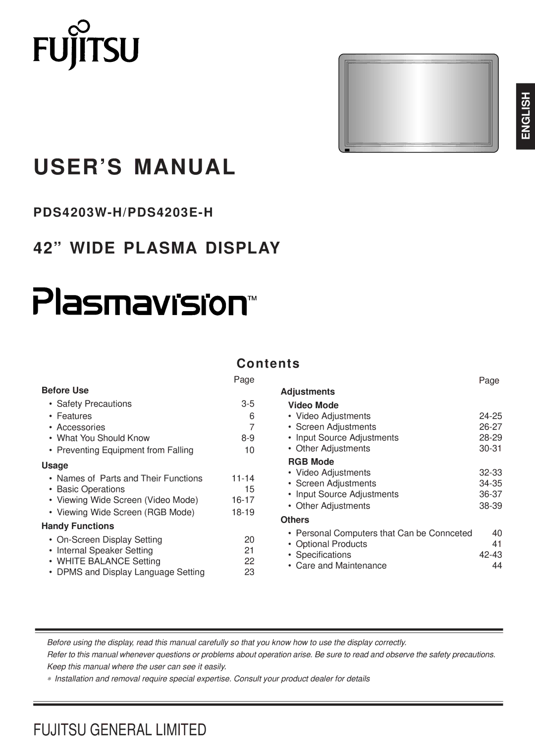 Fujitsu PDS4203W-H / PDS4203E-H user manual USER’S Manual, Before Use Adjustments, Video Mode, Usage RGB Mode 