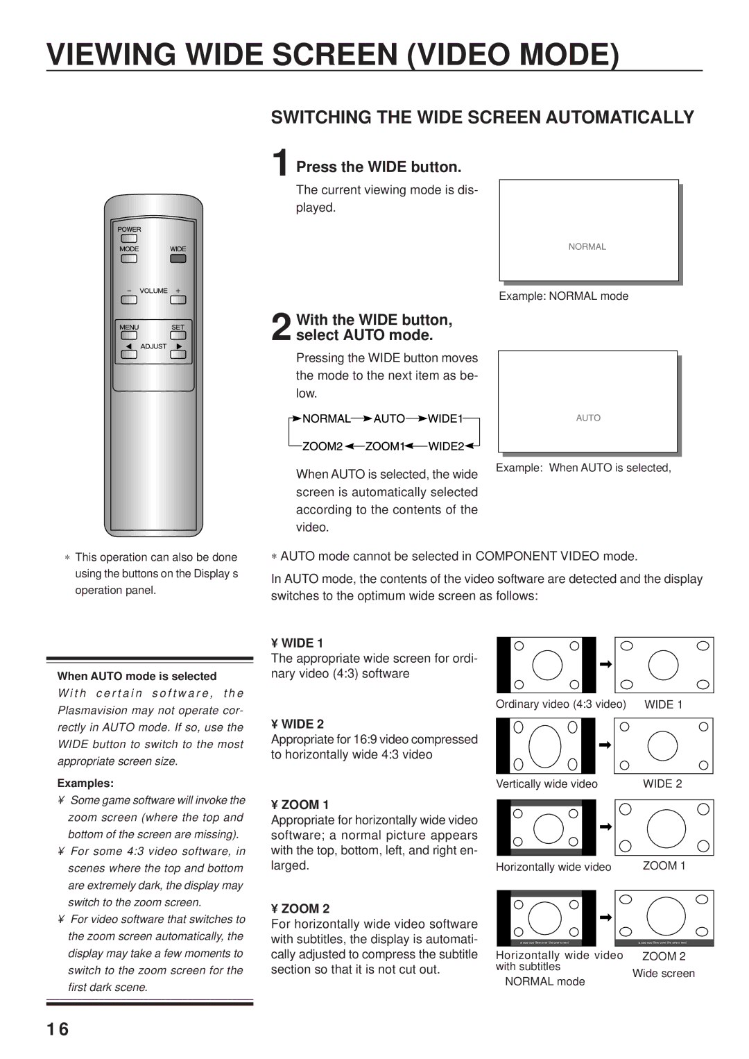 Fujitsu PDS4203W-H / PDS4203E-H user manual Viewing Wide Screen Video Mode, Switching the Wide Screen Automatically, Zoom 