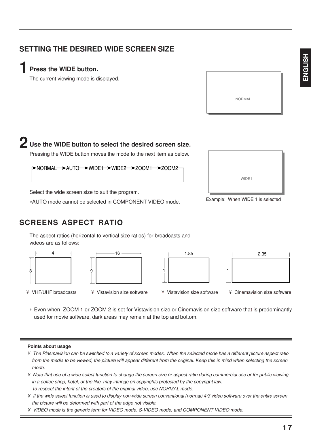 Fujitsu PDS4203W-H / PDS4203E-H user manual Setting the Desired Wide Screen Size, Screens Aspect Ratio 