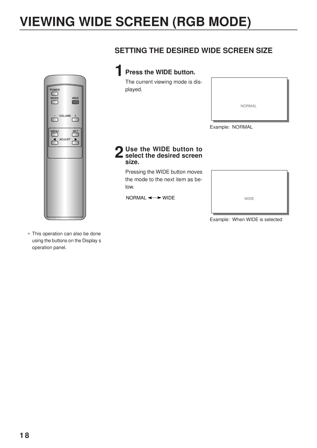 Fujitsu PDS4203W-H / PDS4203E-H user manual Viewing Wide Screen RGB Mode, Normal Wide 