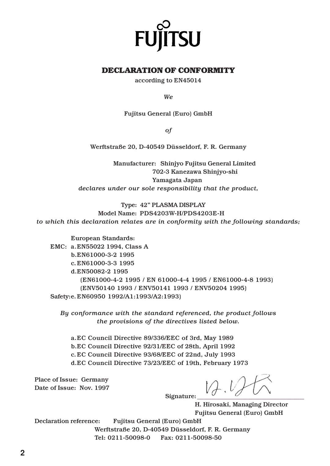 Fujitsu PDS4203W-H / PDS4203E-H user manual Declaration of Conformity 