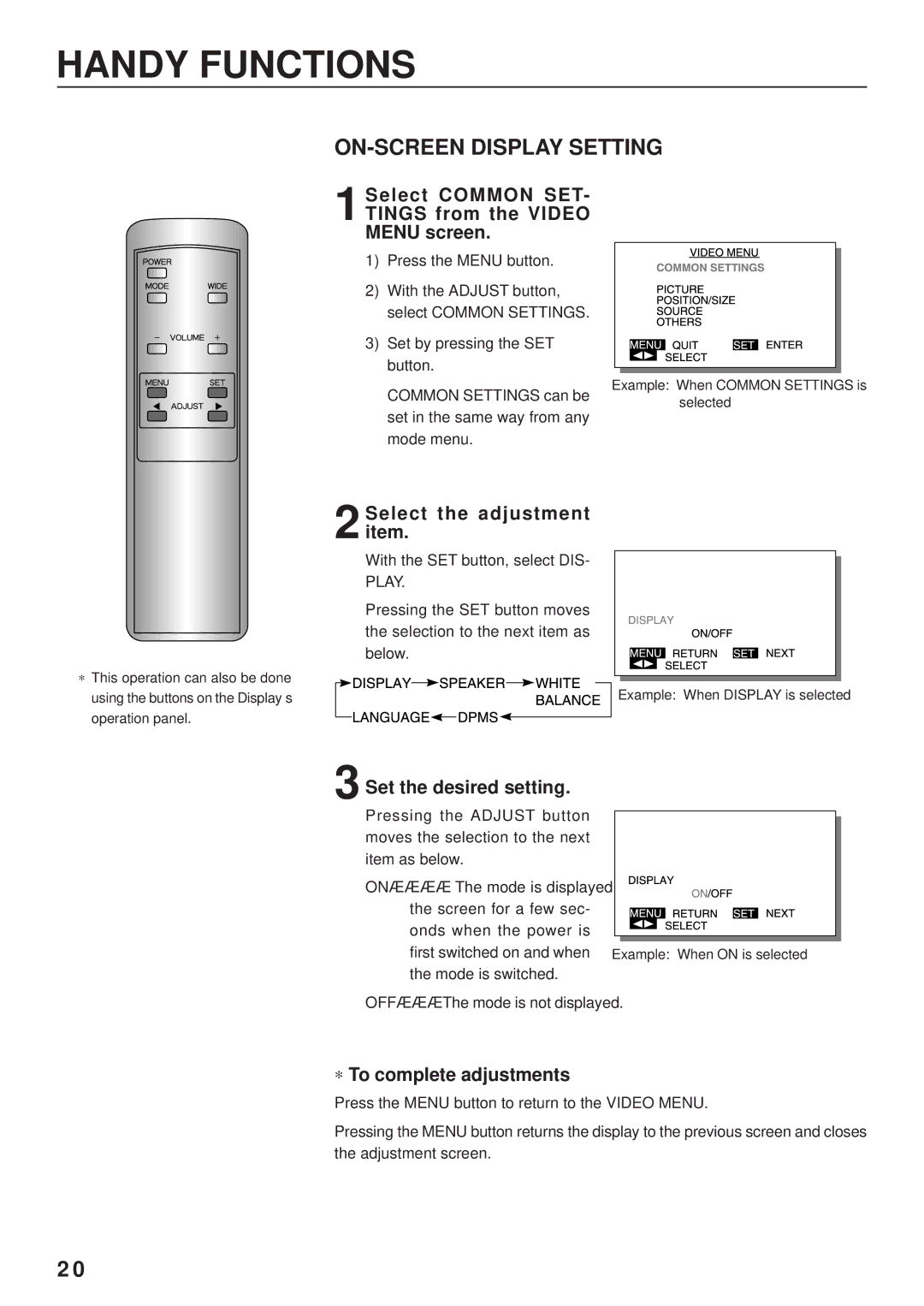 Fujitsu PDS4203W-H / PDS4203E-H user manual Handy Functions, ON-SCREEN Display Setting 