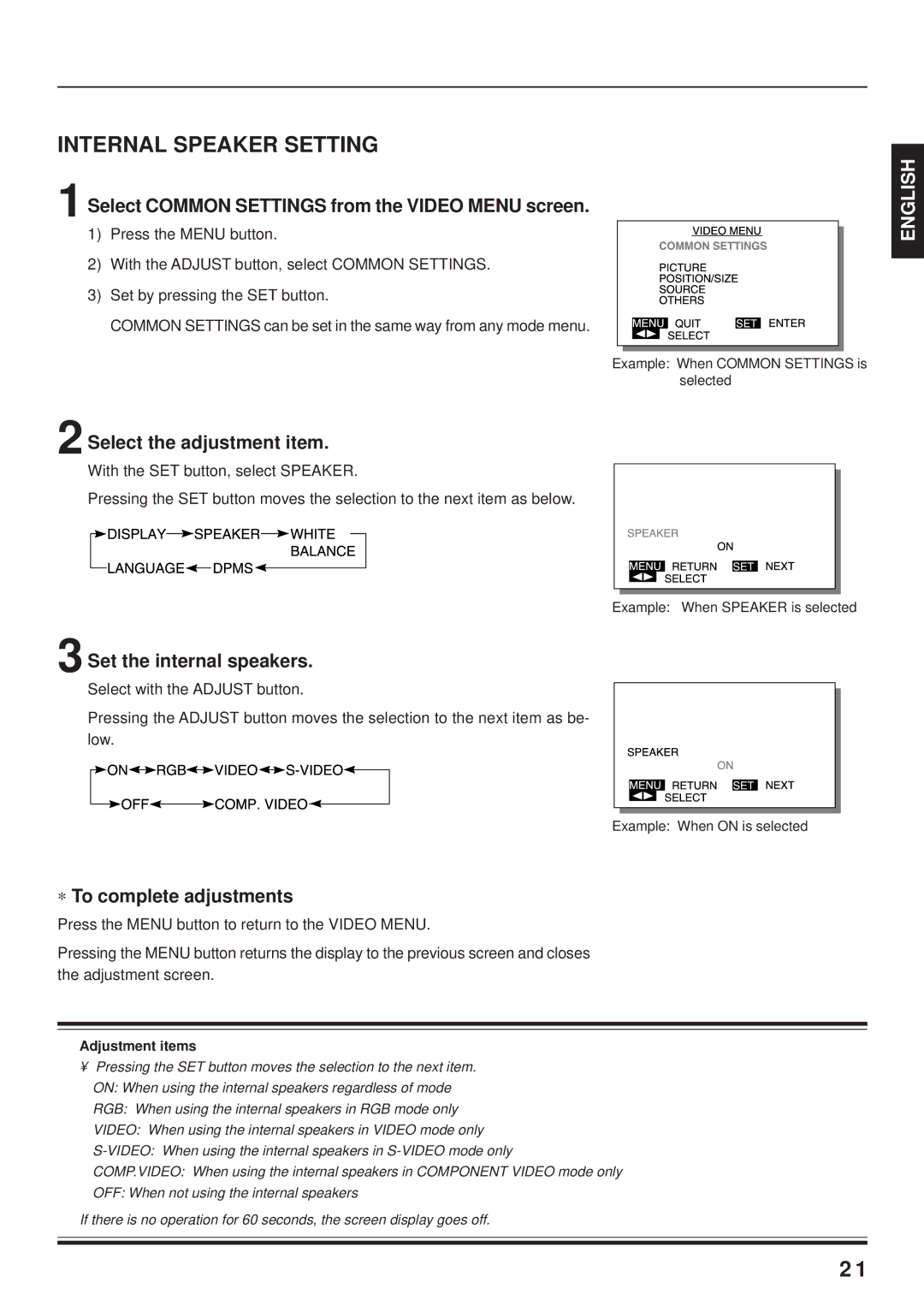 Fujitsu PDS4203W-H / PDS4203E-H user manual Internal Speaker Setting, Select Common Settings from the Video Menu screen 