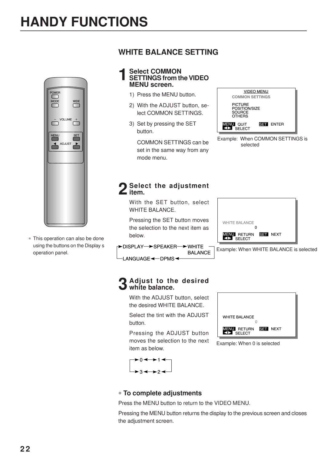 Fujitsu PDS4203W-H / PDS4203E-H user manual White Balance Setting, Adjust to the desired white balance 