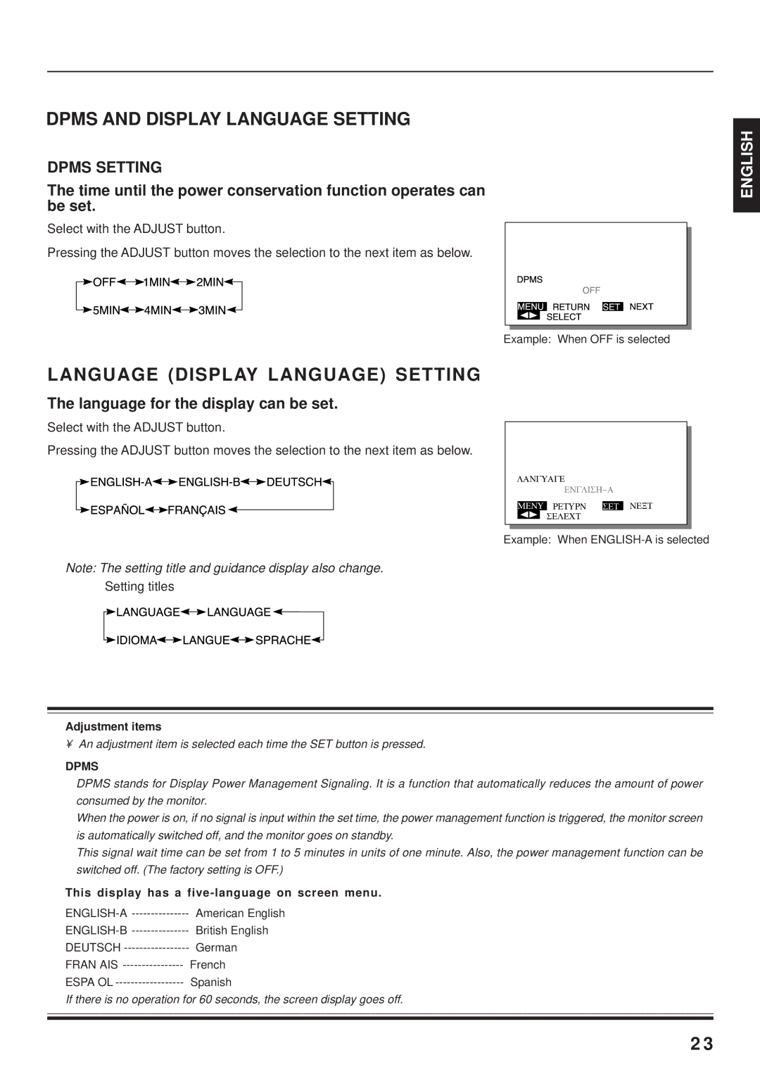 Fujitsu PDS4203W-H / PDS4203E-H Dpms and Display Language Setting, Language Display Language Setting, Dpms Setting 