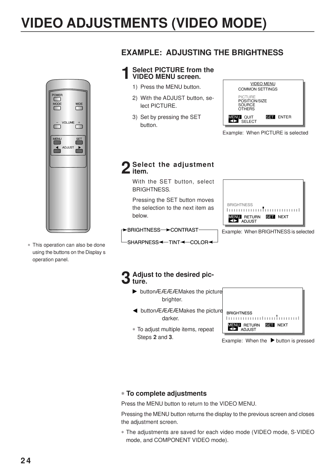 Fujitsu PDS4203W-H / PDS4203E-H user manual Video Adjustments Video Mode, Example Adjusting the Brightness 