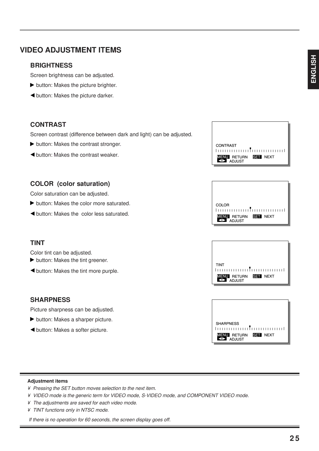 Fujitsu PDS4203W-H / PDS4203E-H user manual Video Adjustment Items, Brightness, Contrast, Tint, Sharpness 