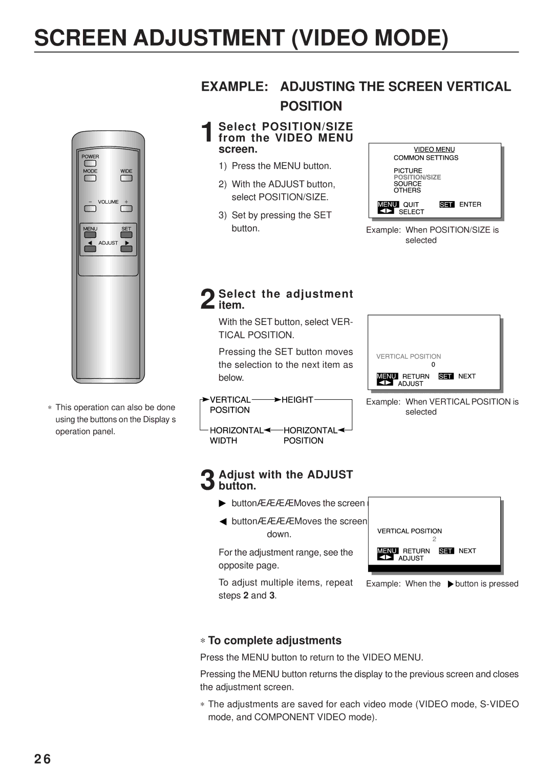 Fujitsu PDS4203W-H / PDS4203E-H user manual Screen Adjustment Video Mode, Example Adjusting the Screen Vertical Position 