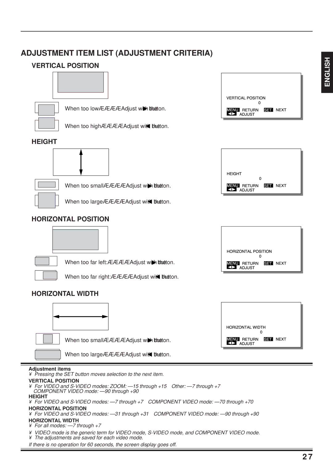 Fujitsu PDS4203W-H / PDS4203E-H Adjustment Item List Adjustment Criteria, Vertical Position, Height, Horizontal Position 