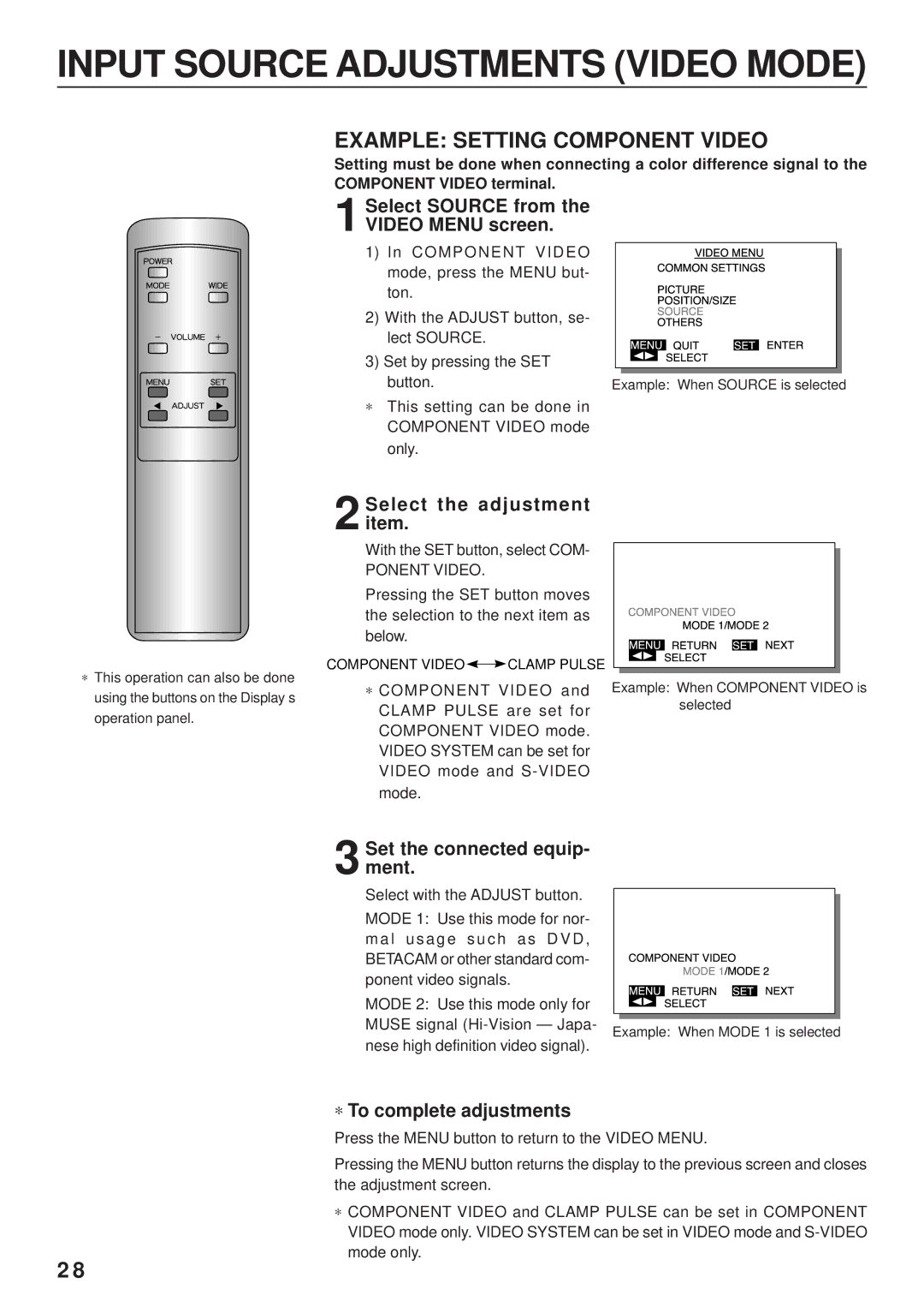 Fujitsu PDS4203W-H / PDS4203E-H Input Source Adjustments Video Mode, Example Setting Component Video, Ponent Video 