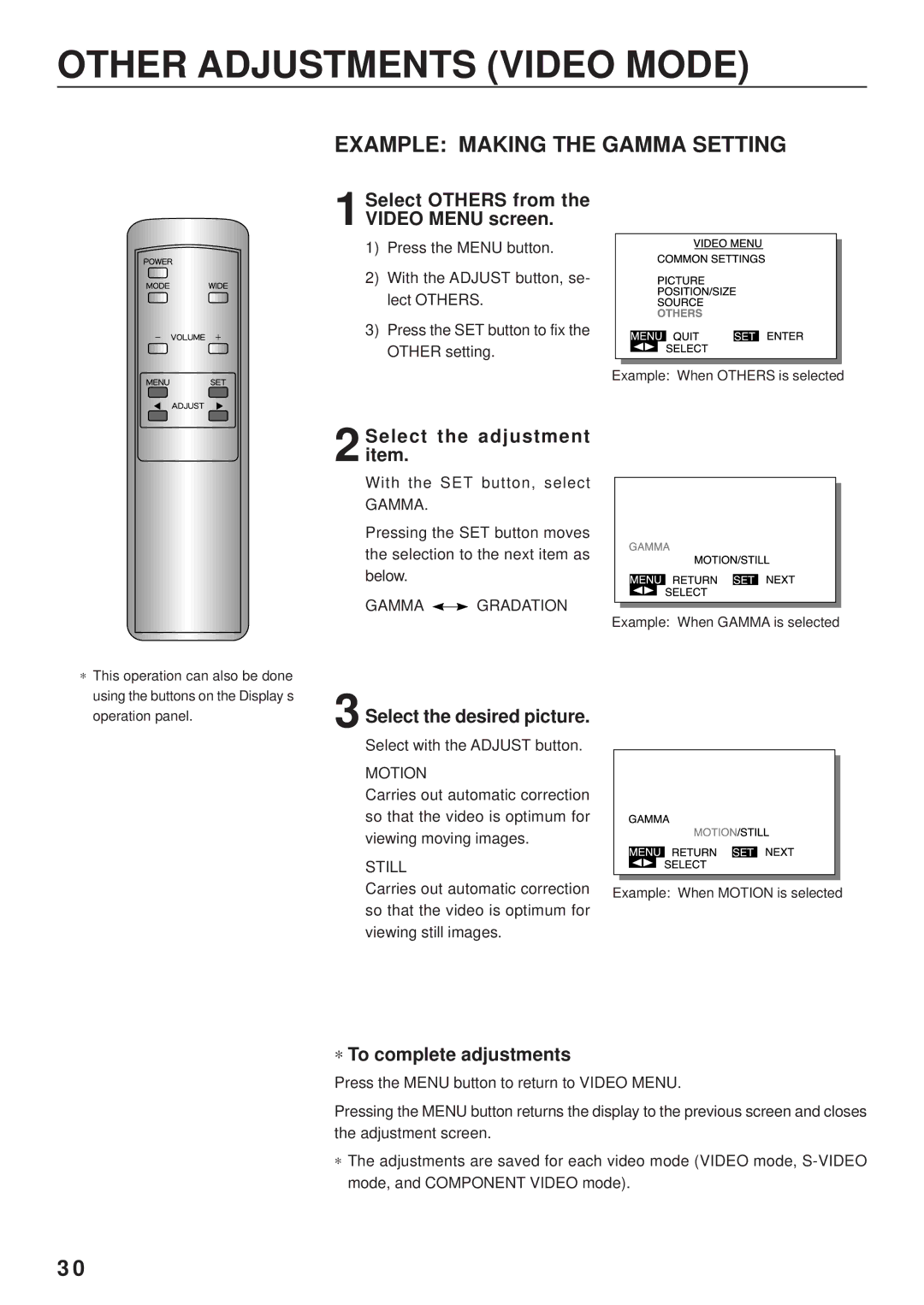 Fujitsu PDS4203W-H / PDS4203E-H user manual Other Adjustments Video Mode, Example Making the Gamma Setting 