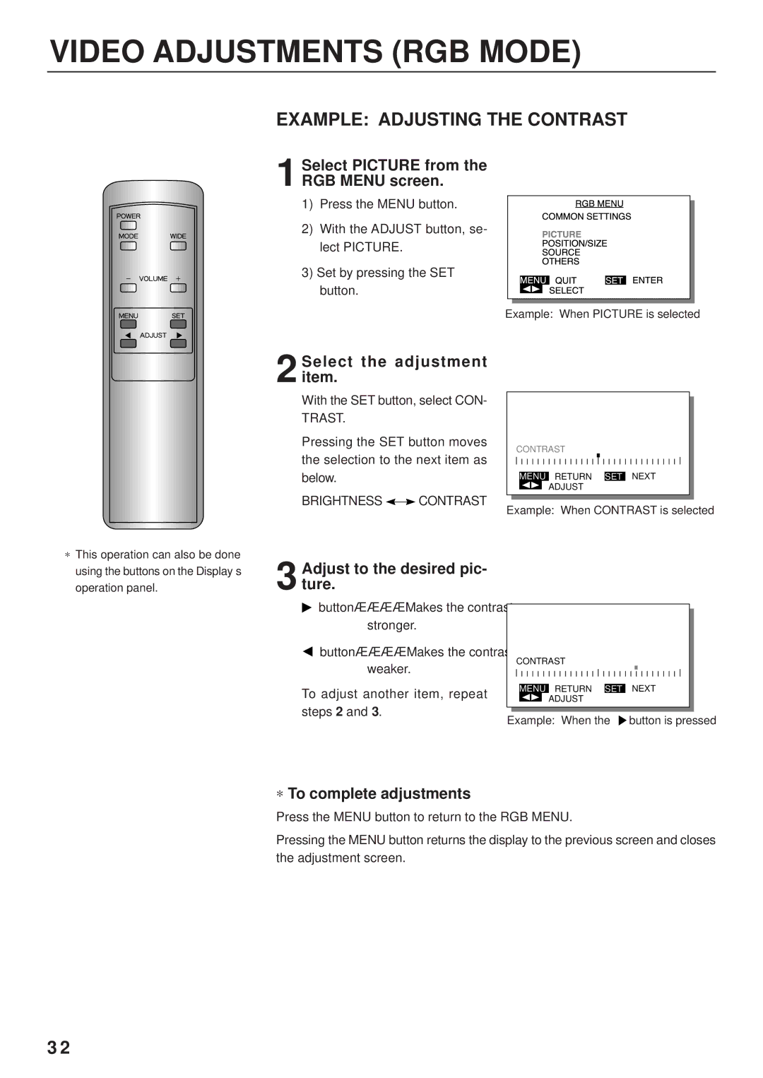 Fujitsu PDS4203W-H / PDS4203E-H Video Adjustments RGB Mode, Example Adjusting the Contrast, Trast, Brightness Contrast 