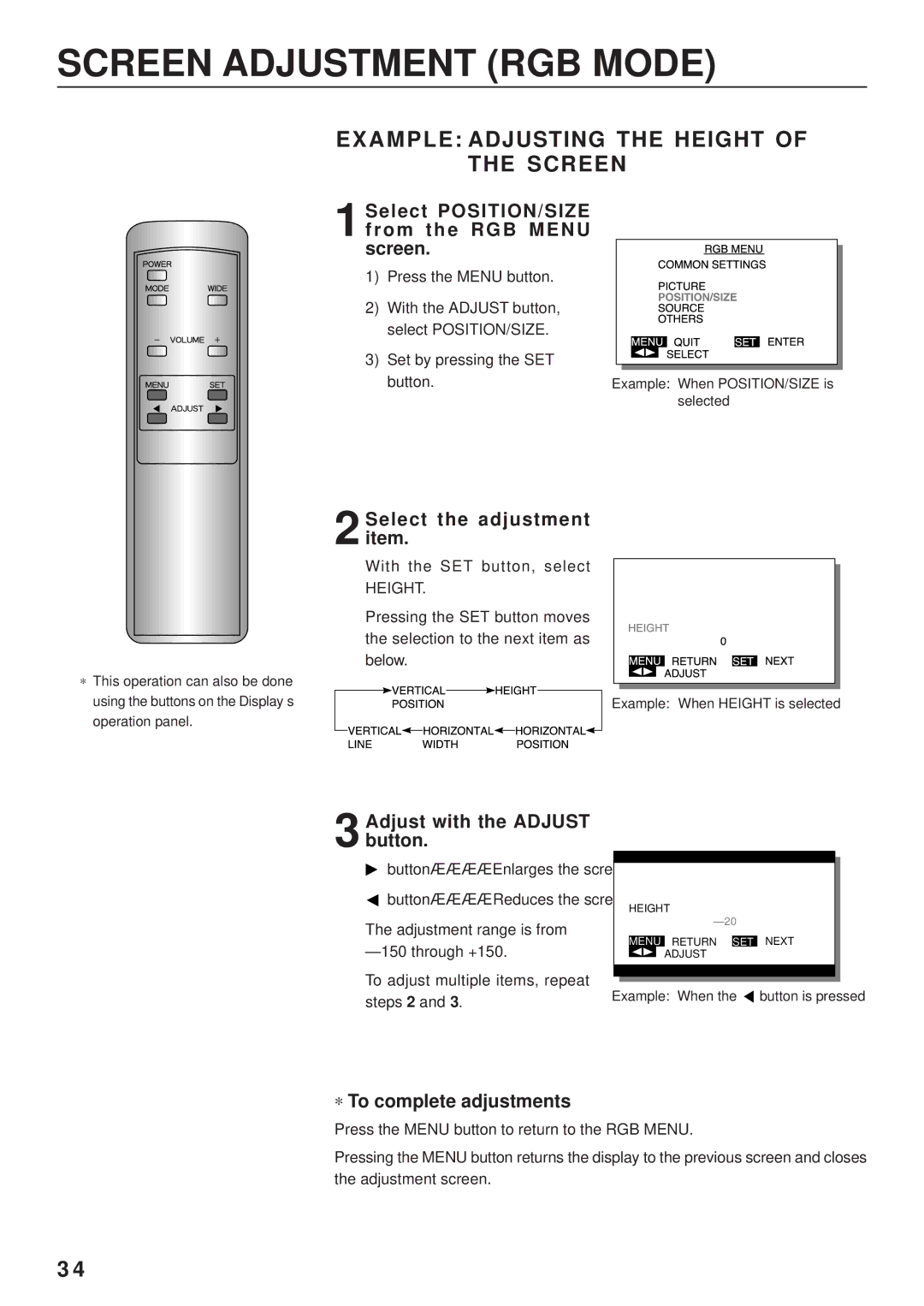 Fujitsu PDS4203W-H / PDS4203E-H user manual Screen Adjustment RGB Mode, A M P L E Adjusting the Height of the Screen 