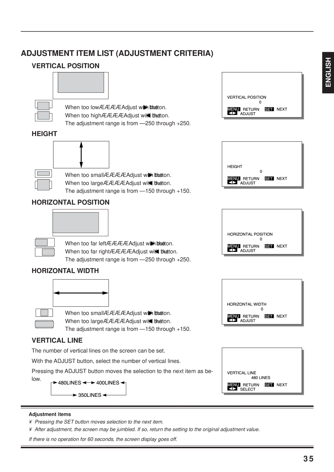 Fujitsu PDS4203W-H / PDS4203E-H user manual Adjustment Item List Adjustment Criteria, Vertical Line 